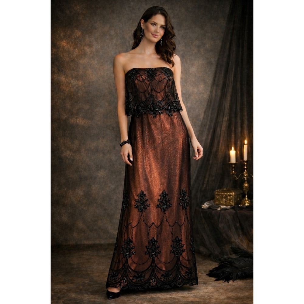 Vintage Jessica McClintock Strapless Lace Overlay Maxi Dress Prom Y2K Gothic